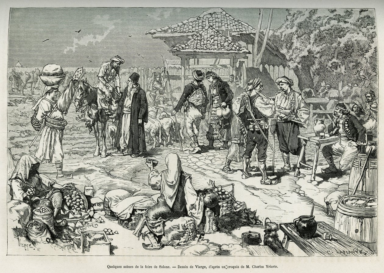 Nogle almindelige scener fra Salone-messen (Kroatien), salg af frugt, grøntsager, fjerkræ og lam, samt borde, der er opstillet til afsaltning. Gravering efter tegningen af Jomfruen, til illustration af rejsen til Dalmatien, af Charles Yriarte, i 1874, udgi af Daniel Urrabieta Vierge