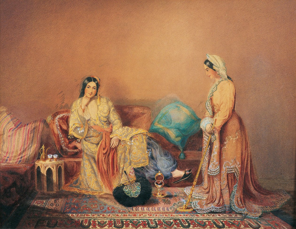 Dames Phanariotes (befolkning af velhavende købmænd af græsk oprindelse, bosat i Phanar-distriktet i Konstantinopel) (Phanariot Greek Ladies) - Maleri af Daniel Valentine Riviere (1780-1854), blandede medier på træpanel, midten af ​​det 19. århundrede, 38x af Daniel Valentine Rivière