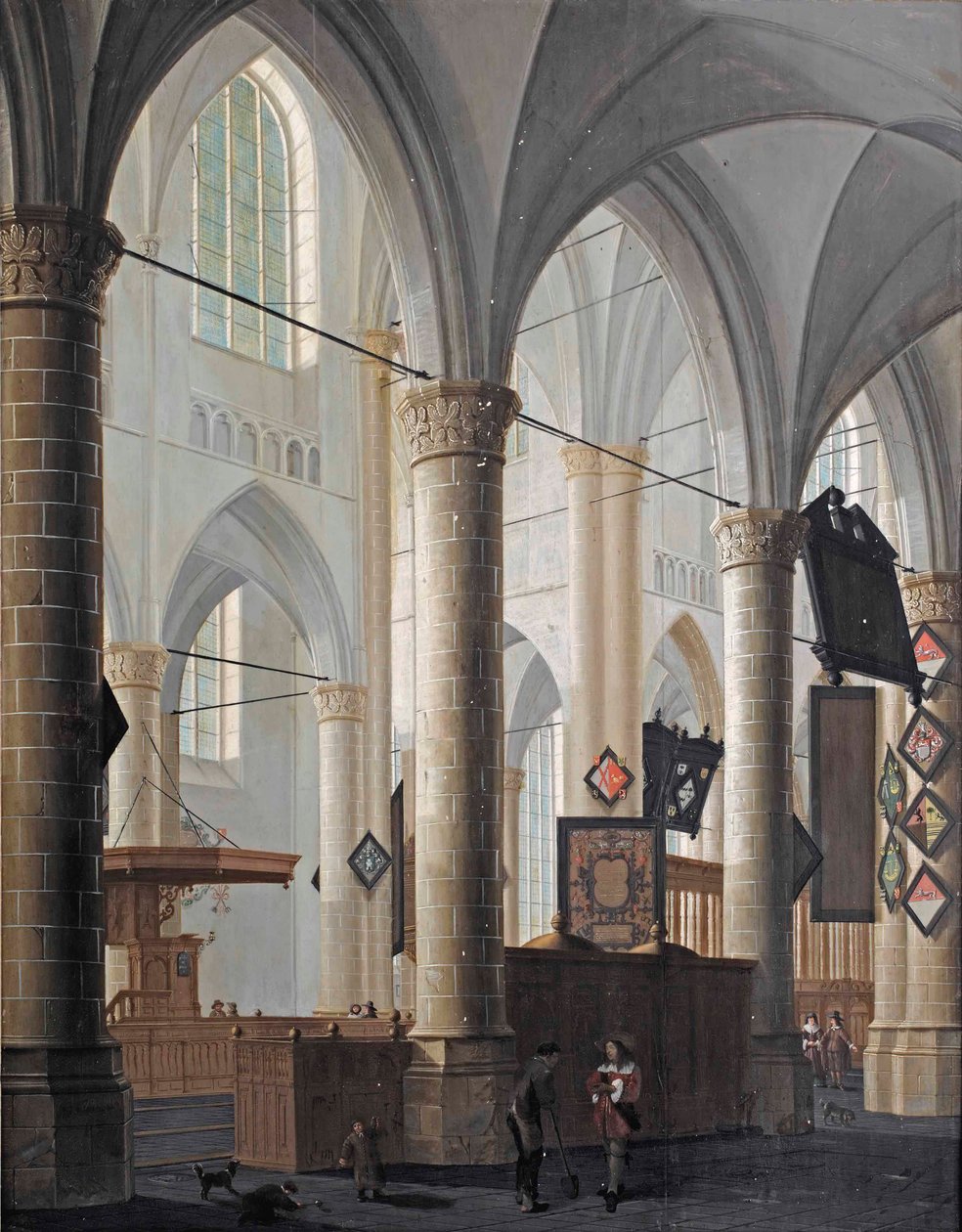The interior of the Grote Kerk in Dordrecht, with figures conversing and children playingdani af Daniel de Blieck