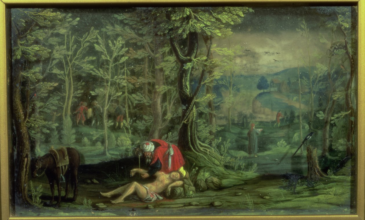 Den barmhjertige samaritaner (olie på glas og glimmer) af Daniel the Younger Bretschneider