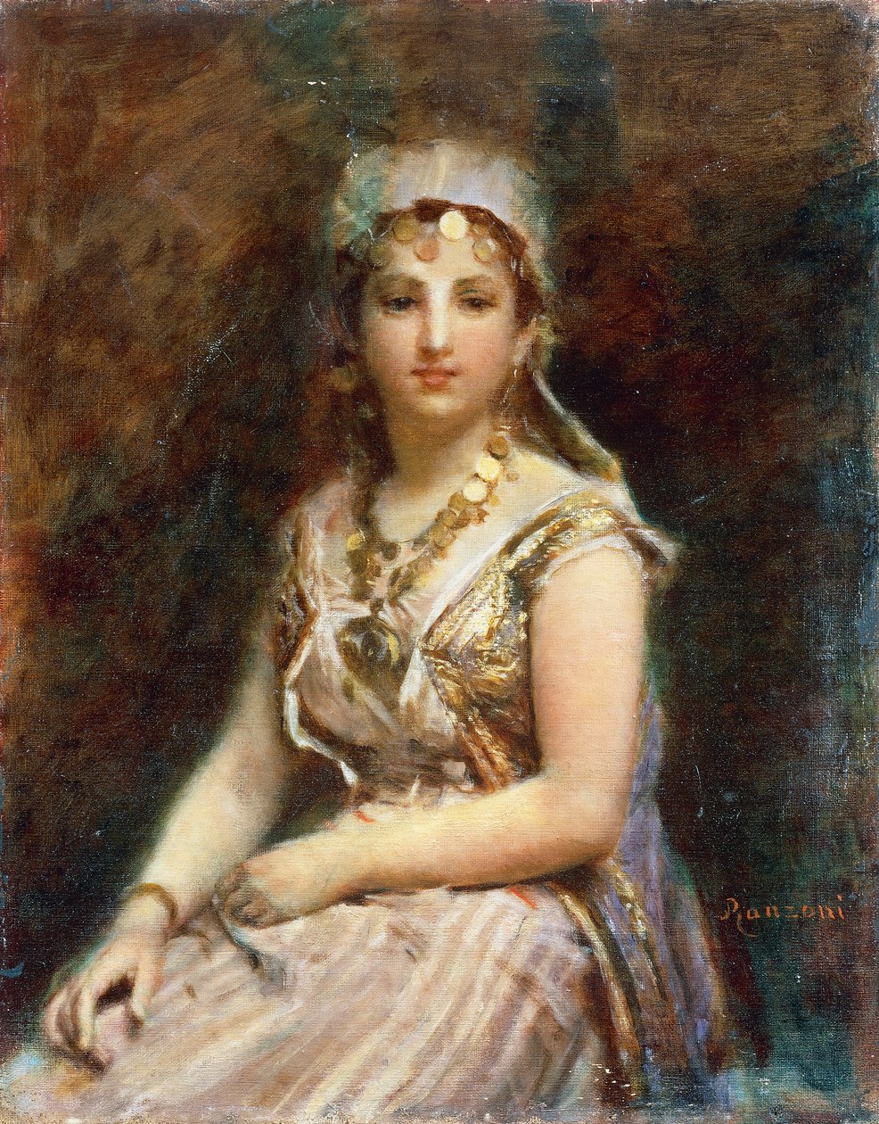 Siddende kvindefigur, af Daniele Ranzoni (1843-1889), olie på lærred, 57,5x46 cm af Danielle Ranzoni
