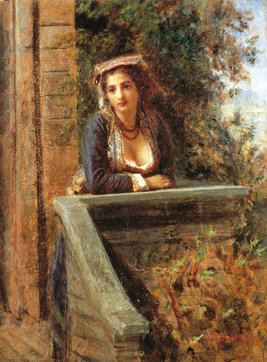 Ung pige ved vinduet eller ung kvinde på balkonen, af Daniele Ranzoni (1843-1889), olie på papir monteret på træ, 44x33 cm af Danielle Ranzoni