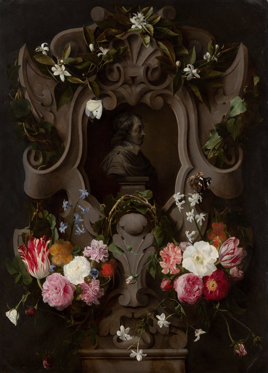Blomsterkartouche omkring en buste af Daniel Seghers