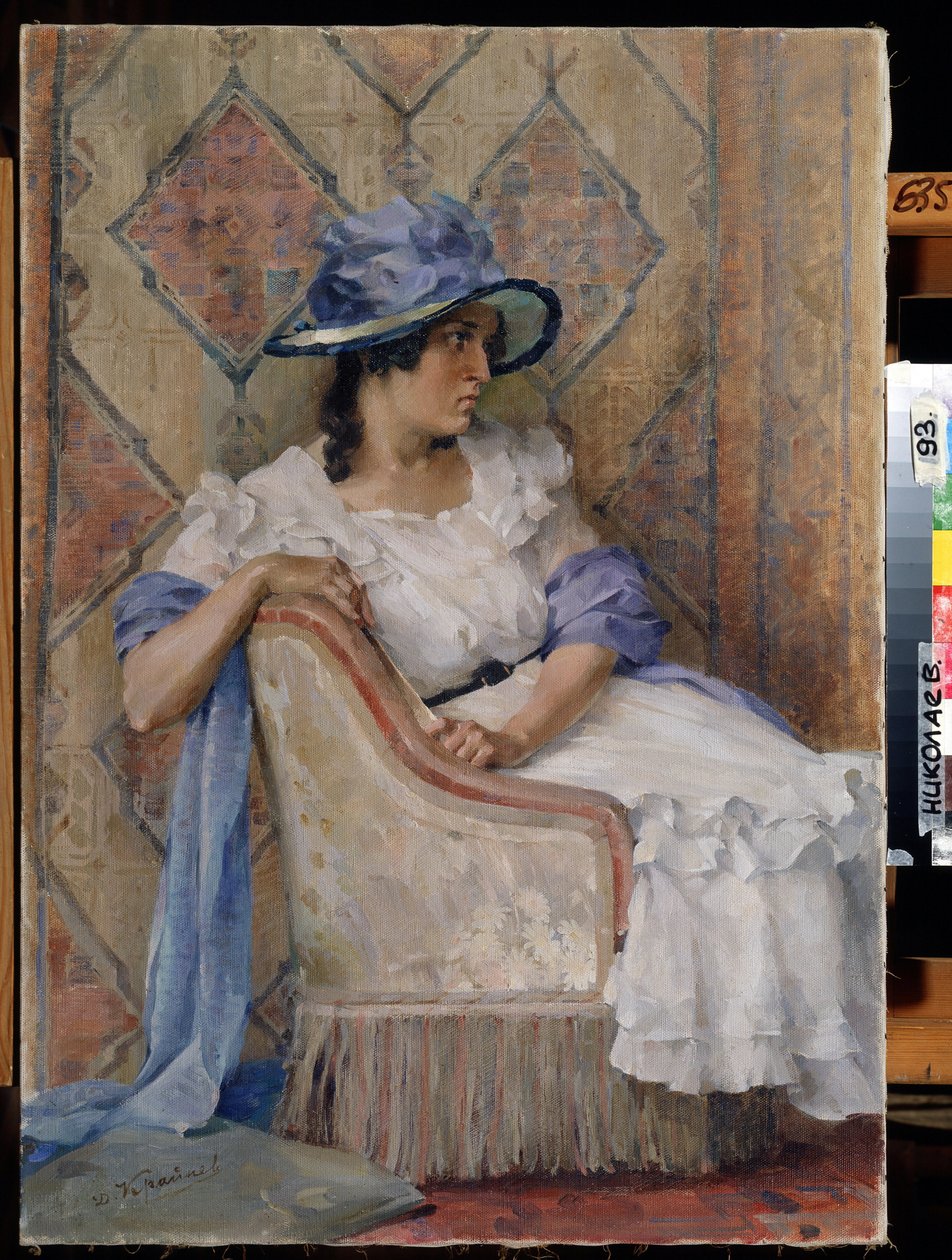 Kvinde i hvidt (Dame i hvidt). Maleri af Danill Karpovich Kraynev (1872-1949), olie på lærred, russisk moderne kunst, slutningen af ​​det 19.-begyndelsen af ​​det 20. århundrede. Det regionale kunstmuseum W. Wereshchagin, Mykolaiv (Ukraine). af Danil Karpovich Kraynev