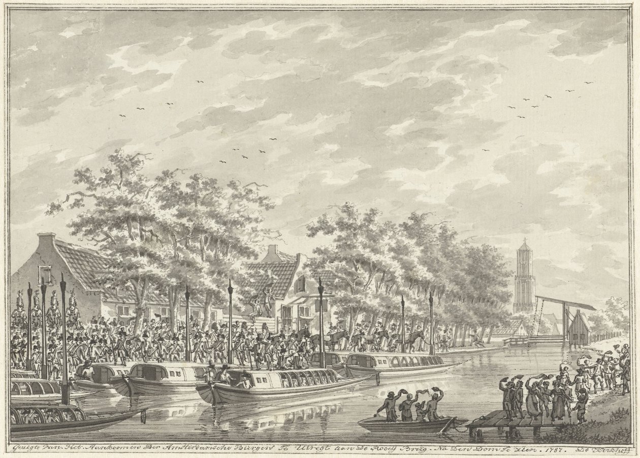 Amsterdammers ankomst til Utrecht, 1787 Udsigt over ankomsten af ​​Amsterdam-borgerne ved Utregt ved De Rooy Brug. Efter Den Dom at se. 1787. (titel på objekt) af Daniël Kerkhoff
