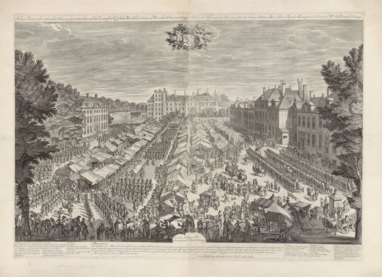 Haag-messen med Prinsen og Prinsessen af ​​Orange, 1686 Haag-messen med det stigende burgerry-sig, der præsenterer for hendes kongelige højheder min herre prinsen og fruen prinsessen af ​​Orange / Foire de la Haye, avec les bourgois sous les armes, sa af Daniël Marot (I)