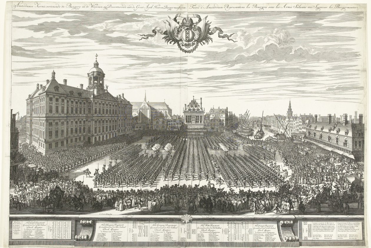 Bevæbnede mænd på Dam-pladsen under Amsterdam-messen, 1686 Amsterdam Fair viser Burgery in the Weapons, sig Præsenterer aaen de Groot Agtb: Heeren Burgermeesteren (titel på objekt) Foire d