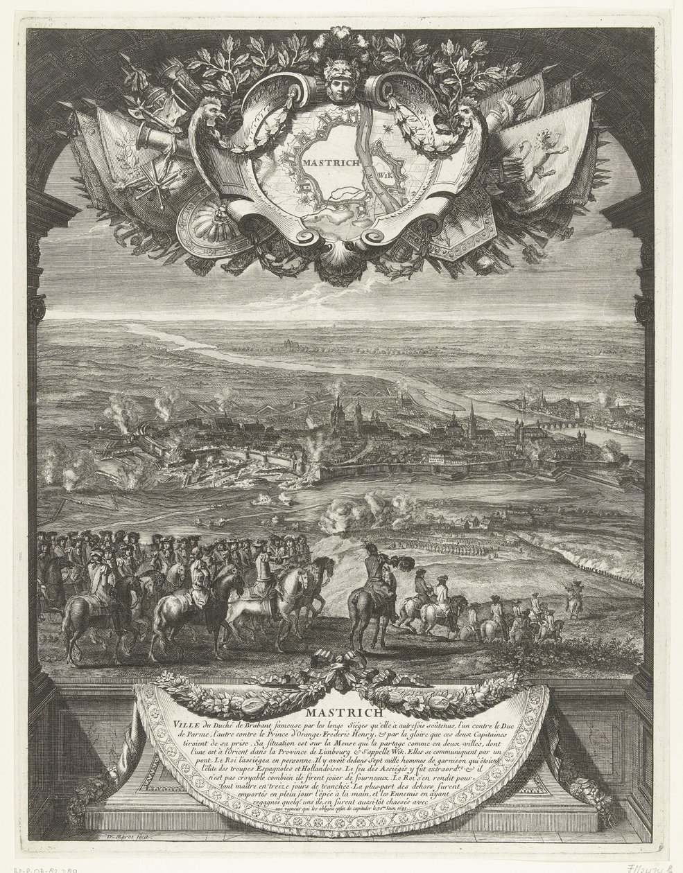 Franskmændenes erobring af Maastricht den 30. juni 1673 Mastrich (titel på objekt) Grandes Conquêtes du Roi (serietitel) af Daniël Marot (I)