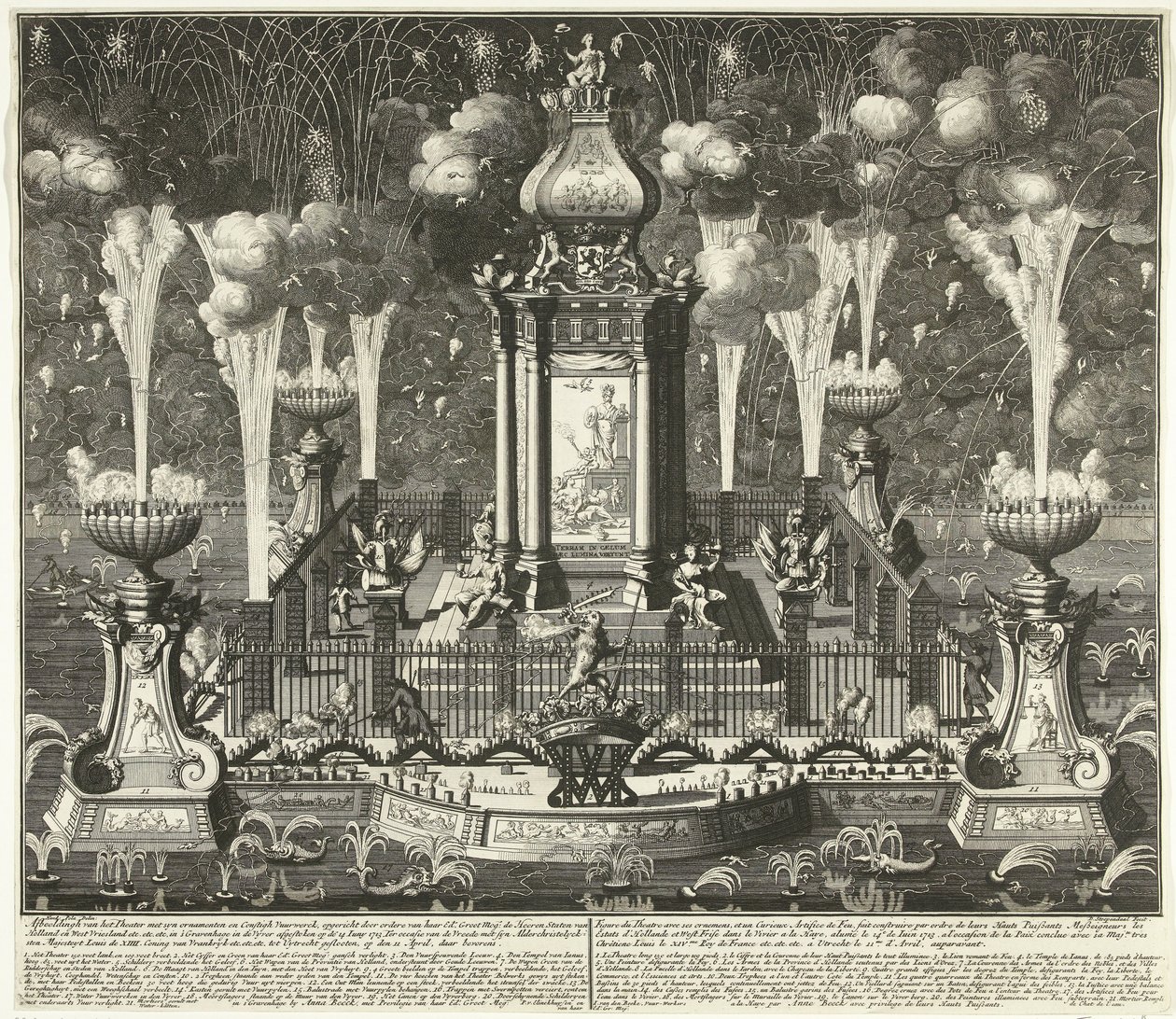 Fyrværkeri ved fejringen af ​​Utrecht-traktaten, 1713 Billede af teatret med syn ornamenter og constigh fyrværkeri, opført af ordere van Haar Ed. Groot Mog: Heeren Staten van Holland og West Vriesland (...) i Haag, i vyver ( af Daniël Stopendaal