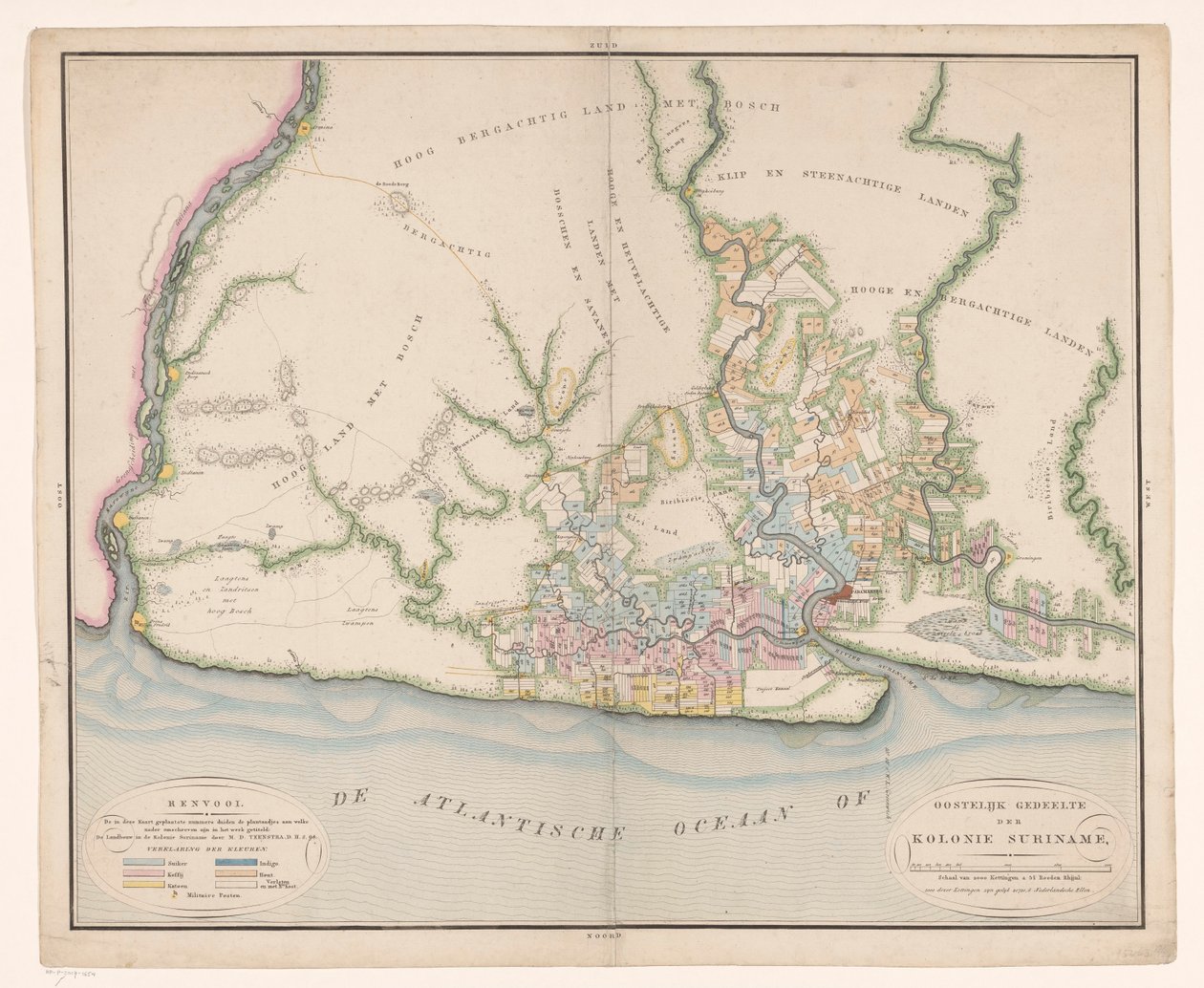En del af et kort over Surinam Generelt kort over kolonien Surinam, hovedsageligt afbilder de nuværende bygninger i denne koloni af Daniël Veelwaard (I)