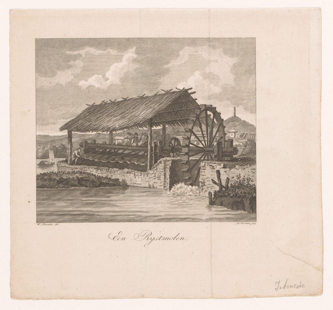 Rismølle drevet af et vandhjul En rismølle (titel på objekt) af Daniël Veelwaard (I)