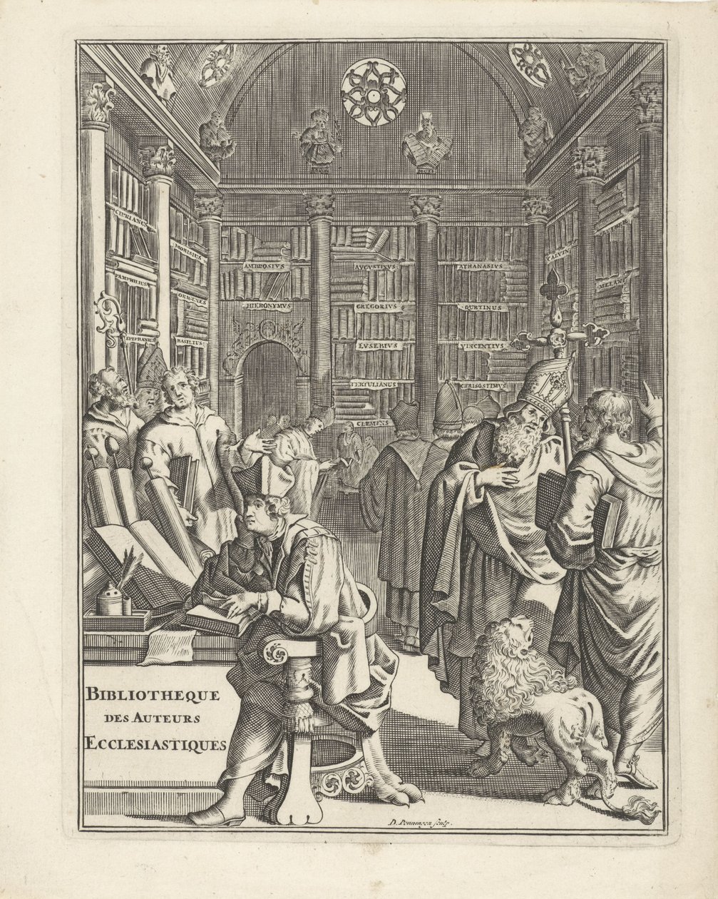 Biblioteksinteriør med præster Titelblad for: Bibliotheque des Authors Ecclesiastiques, uden årstal af Daniël met de Penningen