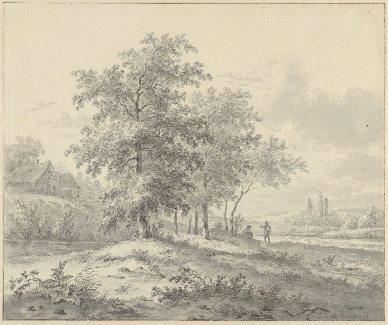 Landskab med to figurer under træer af Daniël van Oosterhoudt (possibly)