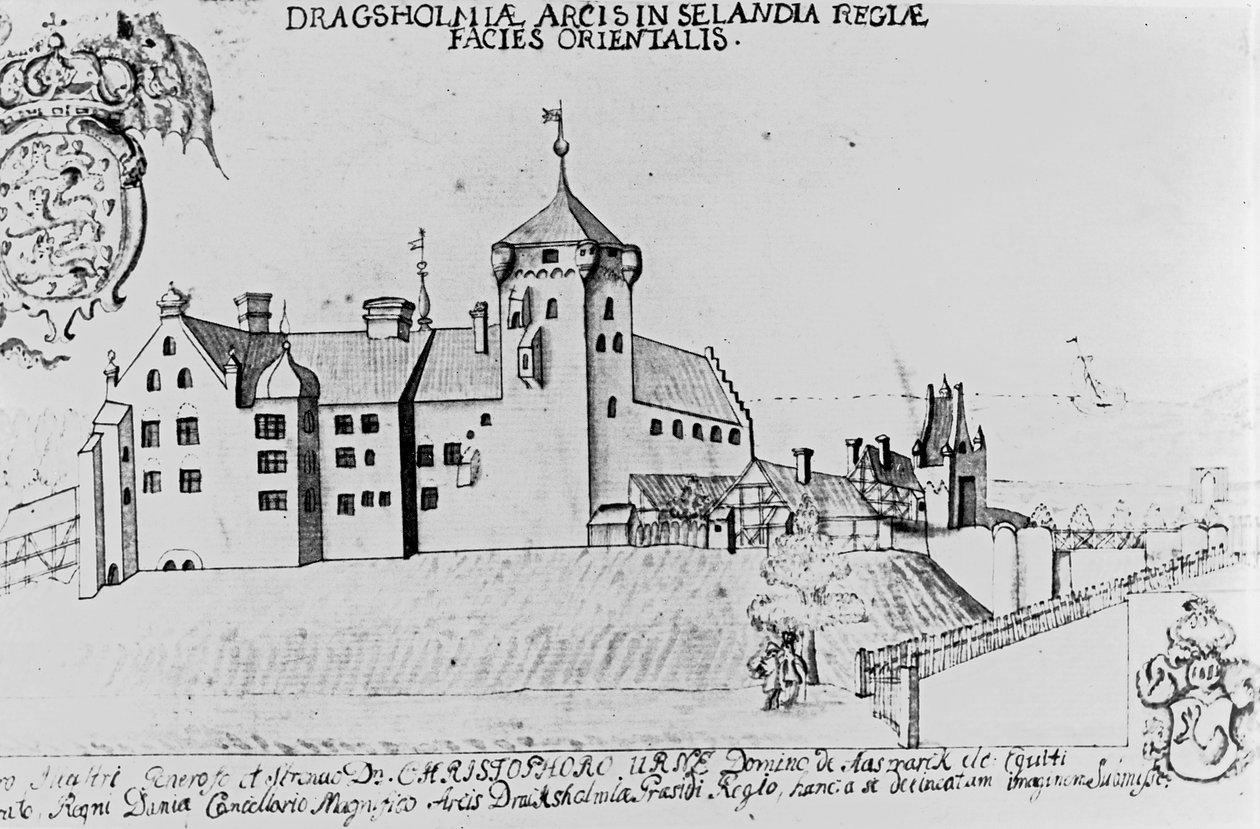 Dragsholm Slot, Sjælland (pen og blæk på papir) af Danish School