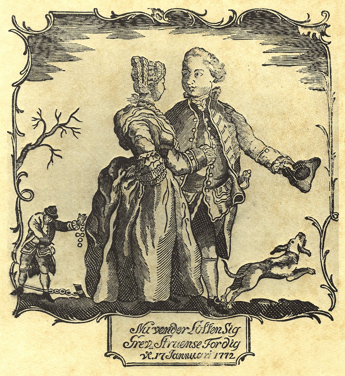 Heldet vender mod dig, grev Struensee! 1772 (træsnit) af Danish School