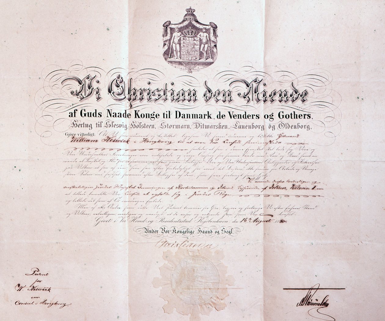 Patent underskrevet af Christian IX af Danmark, der udnævner William Keswick til dansk konsul i Hong Kong, Kina, 1880 af Danish School