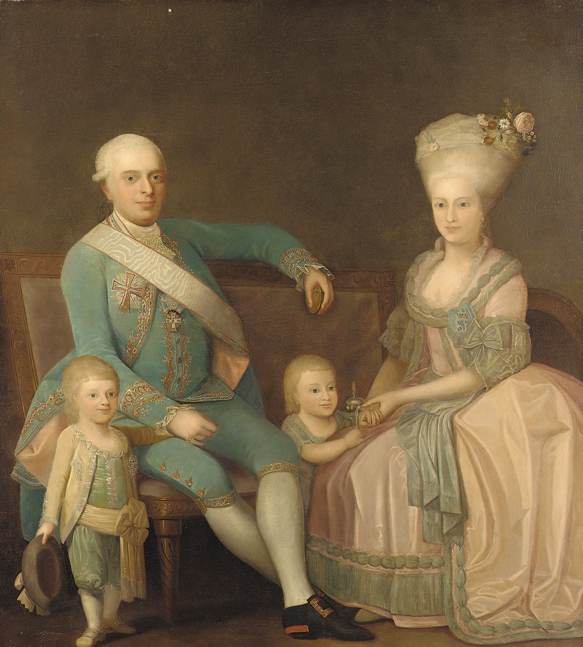 Portræt af en familiegruppe, menes at være Engel Ernst von Schack, hans kone Mette Pauline von Schack, født Rosenorn, og deres børn af Danish School