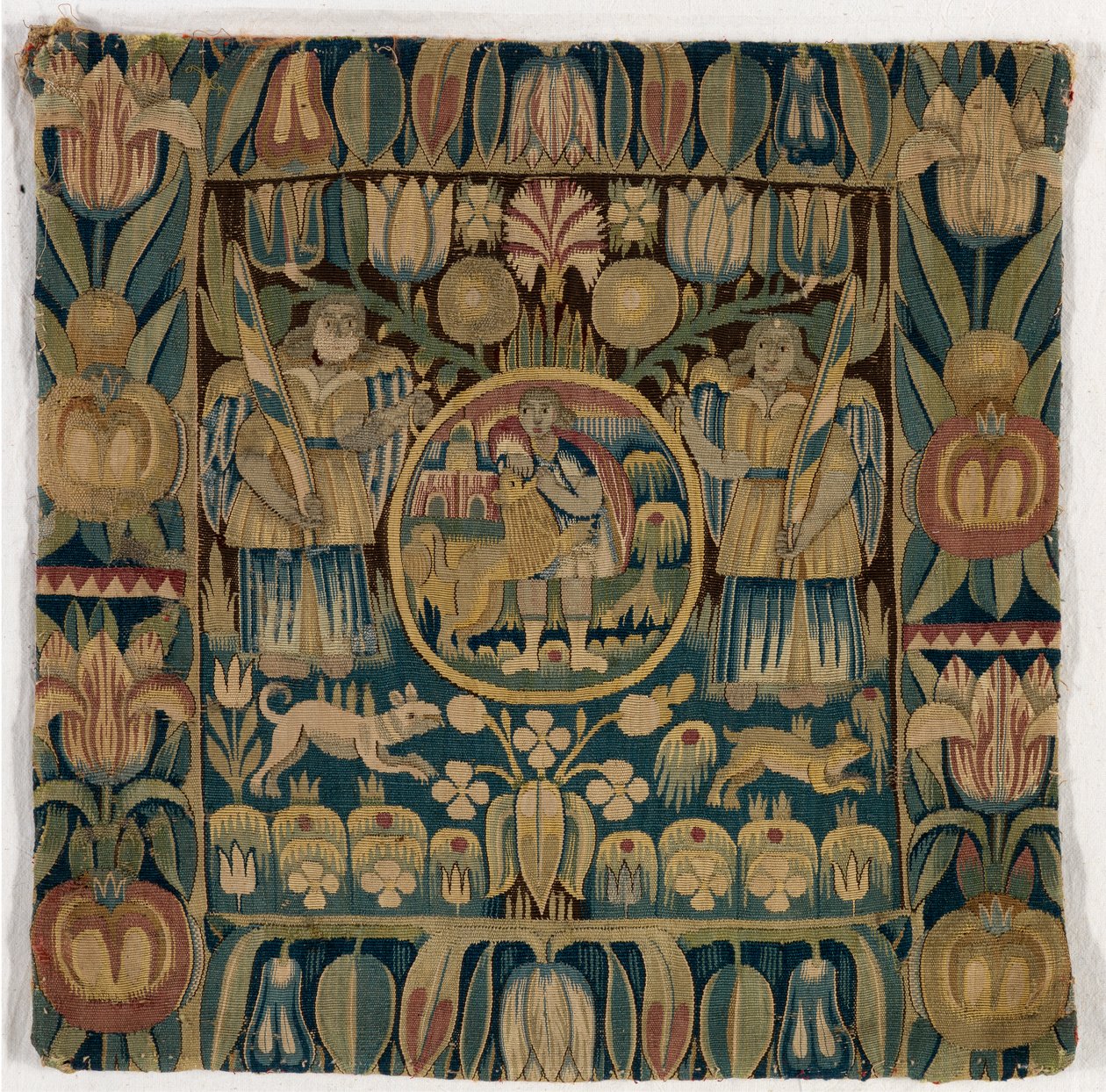 Pudebetræk af gobelin forestillende Samson, der dræber løven, lavet i Slesvig-Holsten, Danmark, ca. 1615 (uld) af Danish School