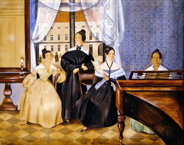 The Piano Recital, ca. 1830 (akvarel med gouache på papir) af Danish School
