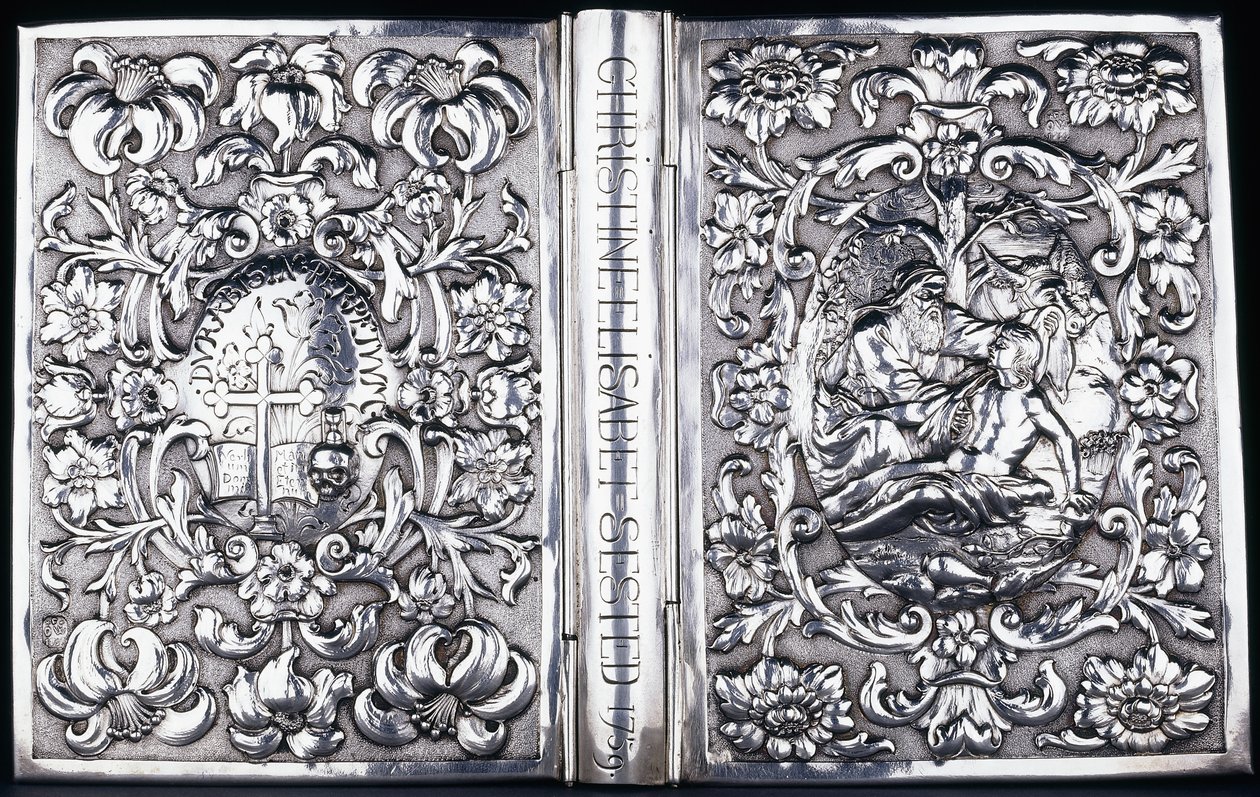 Øvre og nederste bogomslag med løv og et billede af den barmhjertige samaritaner, 1740 af Danish School