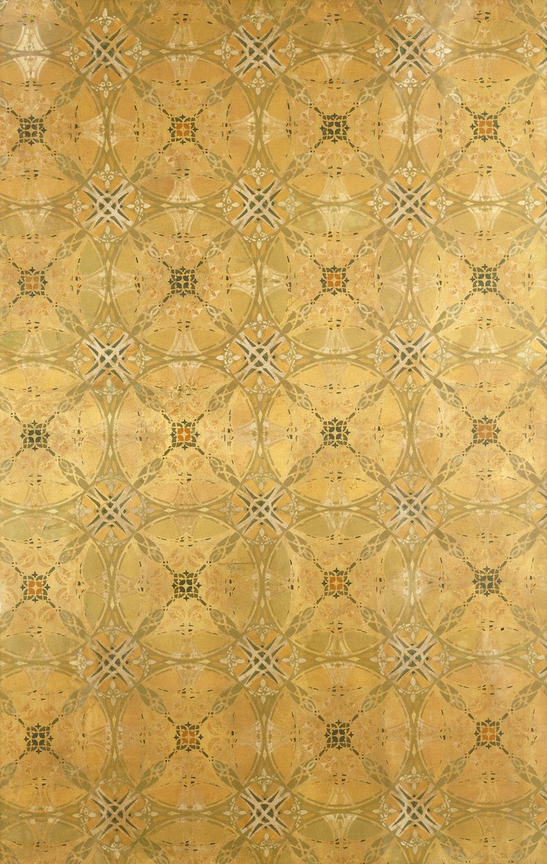 Et loftpanel med gentagne abstrakte blade-design i olivengrøn, okker, rød og gul, ca. 1893 af Dankmar Adler