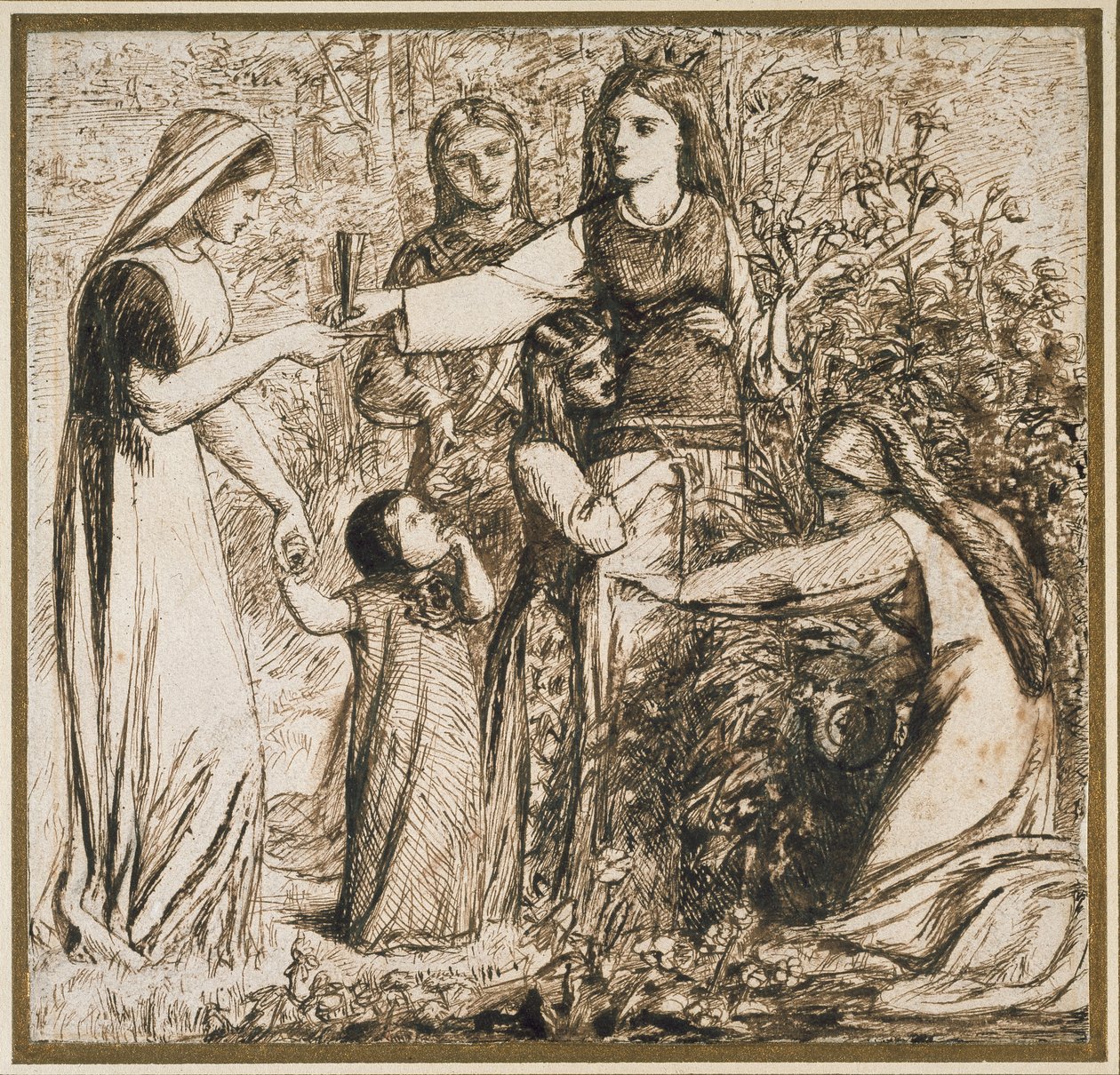 Dantes vision om Matilda, der samler blomster, 1855 (pen og brunt blæk på råhvidt papir) af Dante Gabriel Charles Rossetti