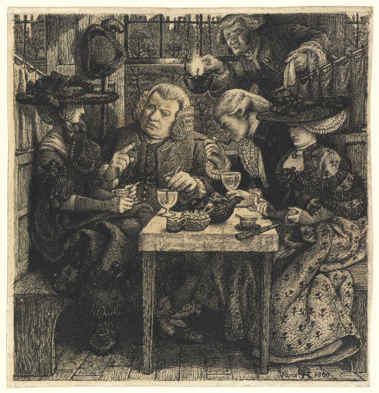 Dr. Johnson at the Mitre, 1860 (pen og sort blæk på papir) af Dante Gabriel Charles Rossetti