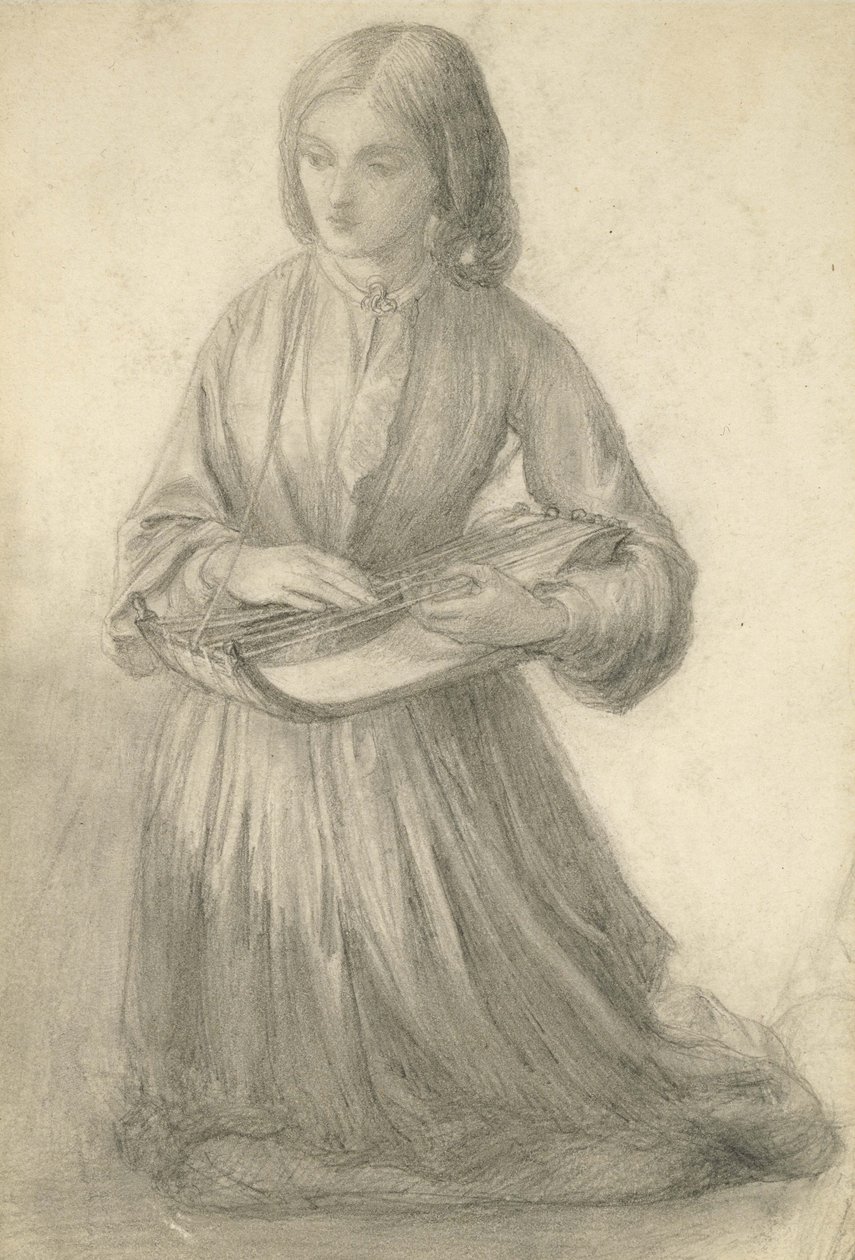 Elizabeth Siddal spiller et strengeinstrument, ca. 1852 (grafit på råhvidt papir) af Dante Gabriel Charles Rossetti