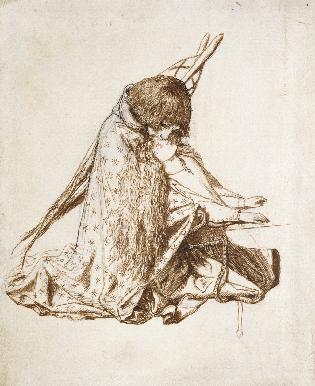 St Cecilia (pen og brunt blæk på misfarvet hvidt papir) af Dante Gabriel Charles Rossetti