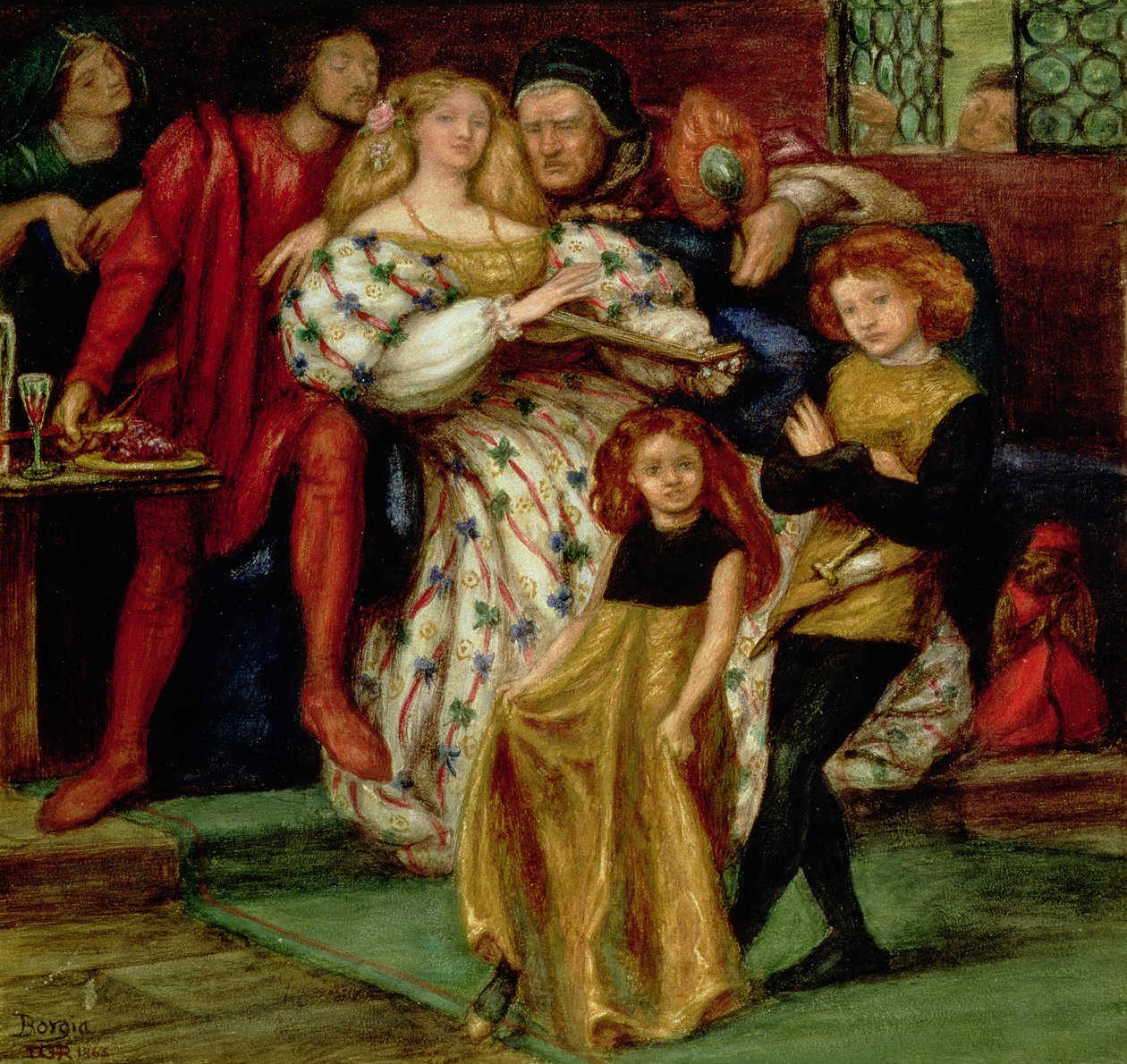 Familien Borgia, 1863 (Borgia, Lucretia (1480-1519): med sin familie, blandt andre pave Alexander VI.) af Dante Gabriel Charles Rossetti