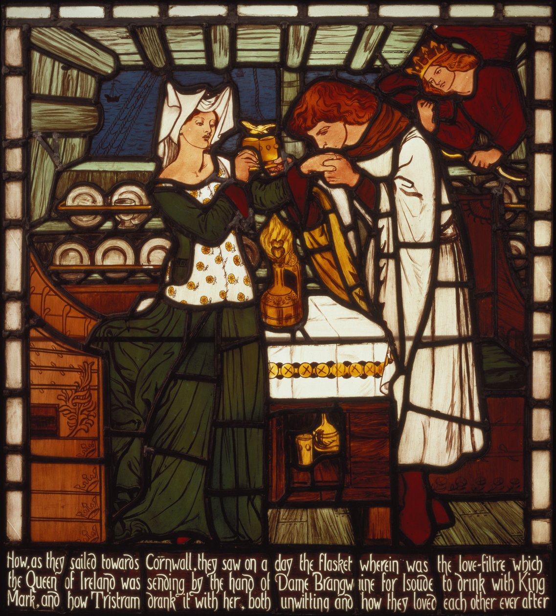 Kærlighedsdrik, beregnet til Isolde den skønne og kong Mark af Cornwall, men drukket af Tristan og Isolde den skønne, fra "The Story of Tristan and Isolde", William Morris und Co. (glasmaleri) af Dante Gabriel Charles Rossetti