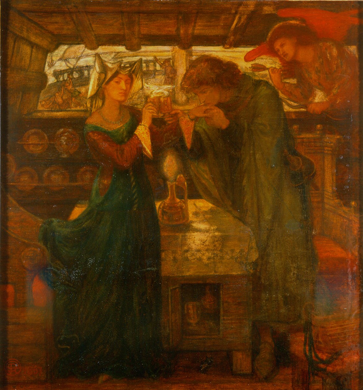 Tristram og Isolde drikker kærlighedsdrikken, 1867 (blandet medier) af Dante Gabriel Charles Rossetti