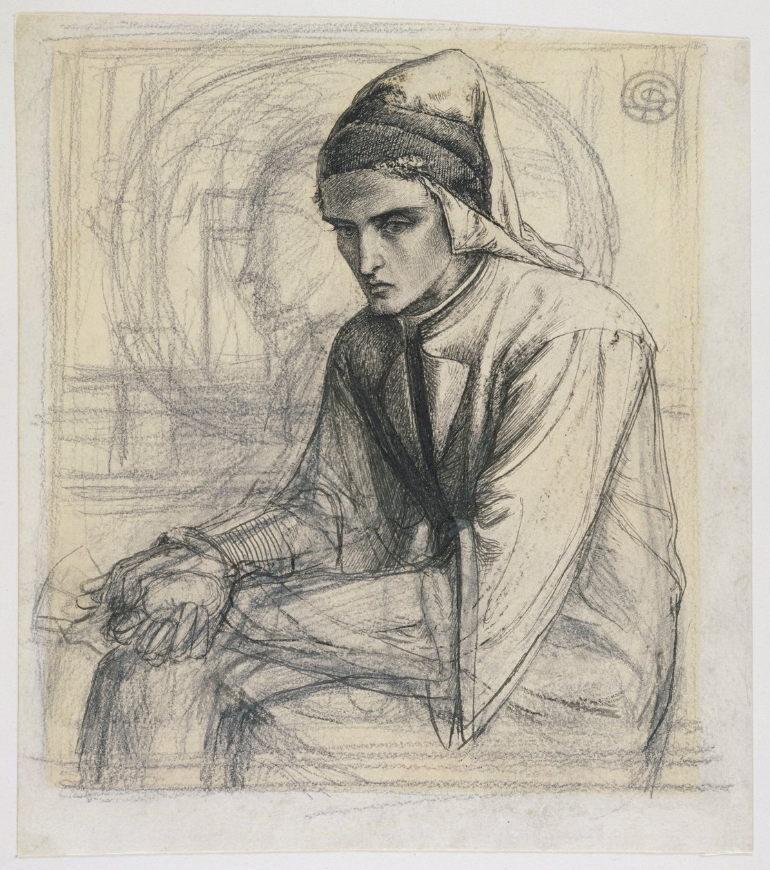 Dante in Meditation Holding a Pomegranate, ca. 1852 (pen og blæk og blyant på papir) af Dante Gabriel Charles Rossetti