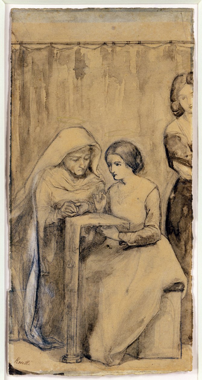 Studie til The Girlhood of Virgin Mary (pen og blæk og blyant med vask på papir) af Dante Gabriel Charles Rossetti