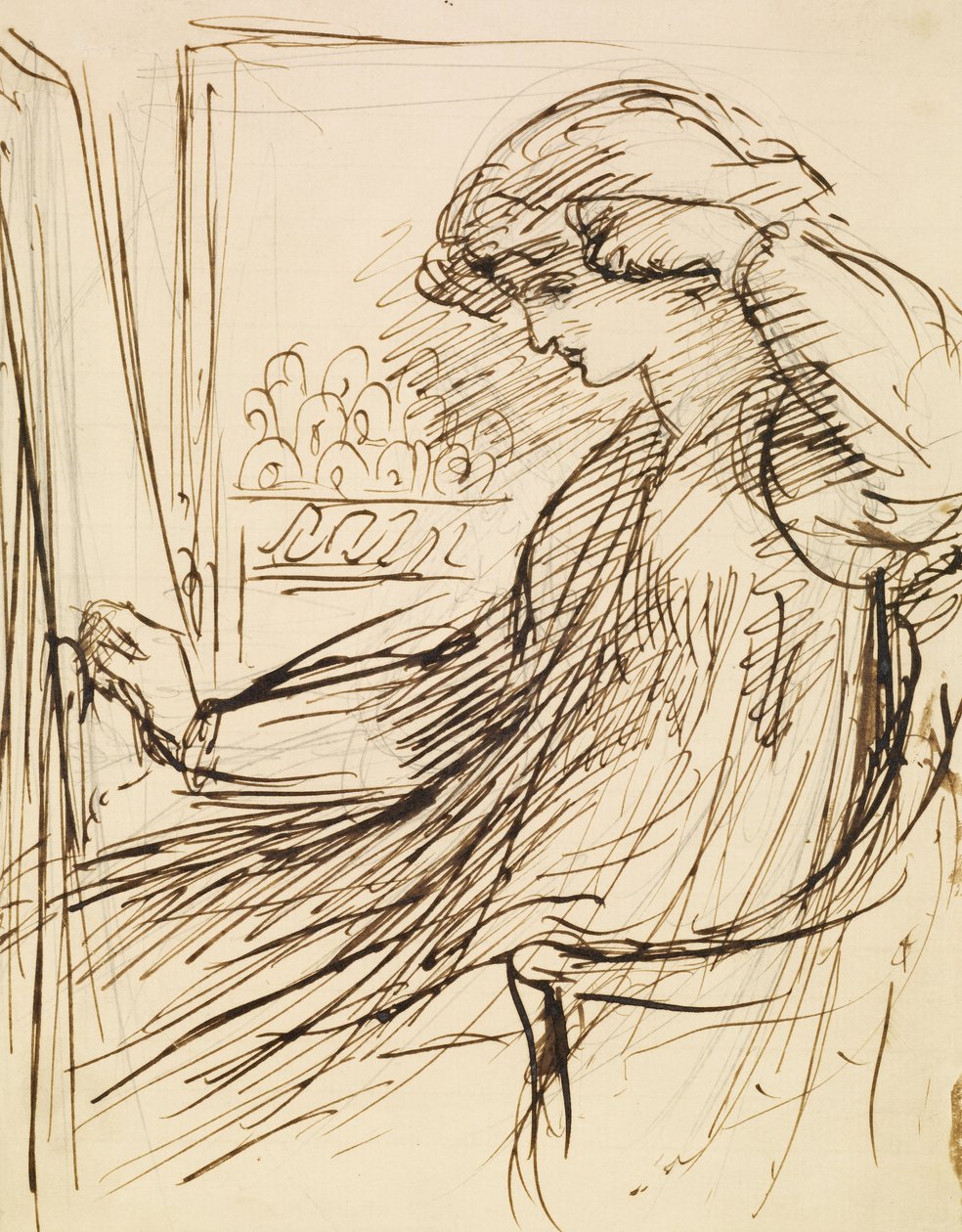 Kvinde siddende ved en broderiramme eller staffeli af Dante Gabriel Charles Rossetti
