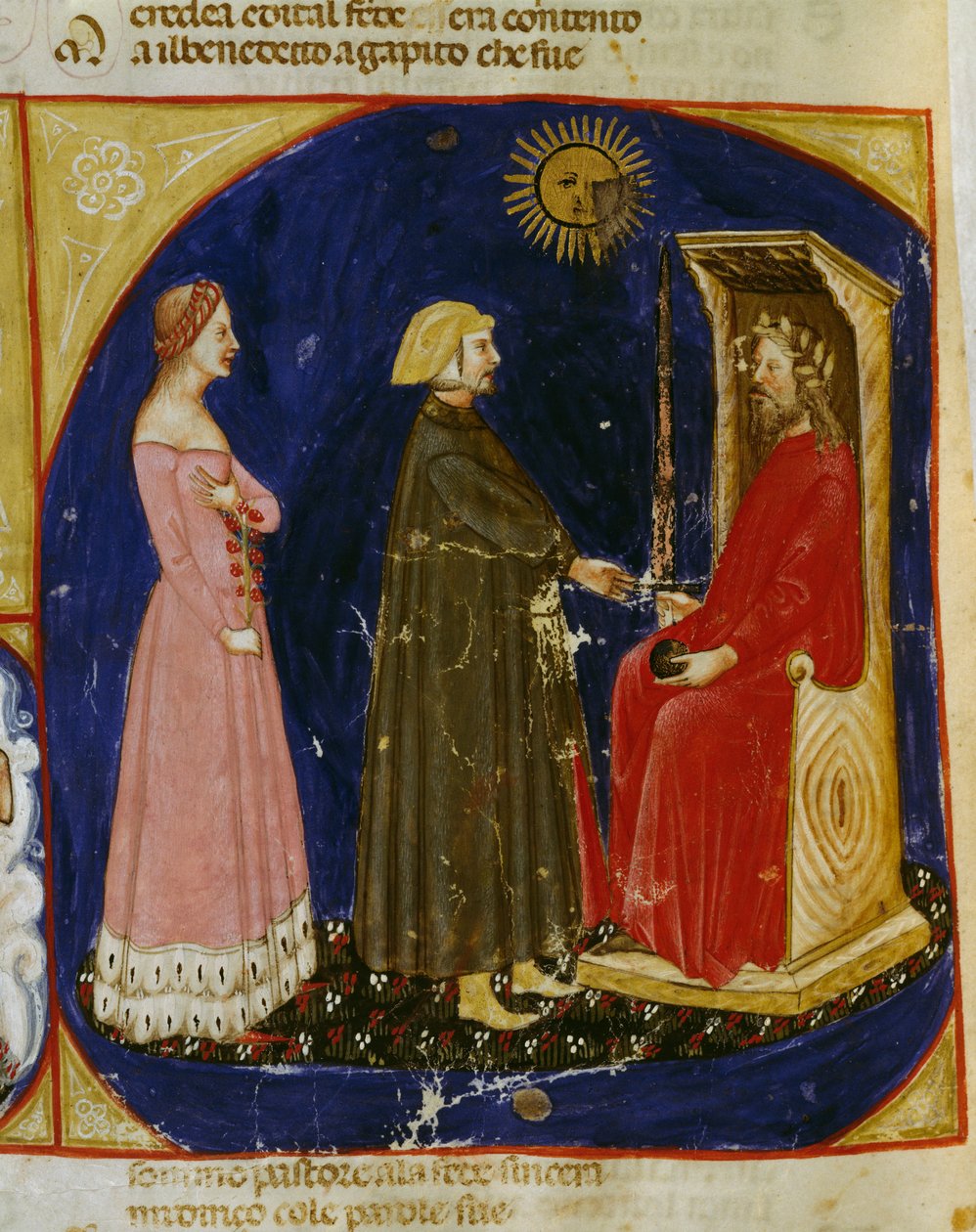 Dante og Beatrice møder Justinian, scene fra Paradise, Canto VI, fra The Divine Comedy af Dante Alighieri (1265-1321), Veneto miniature, Italien af Dante Alighieri