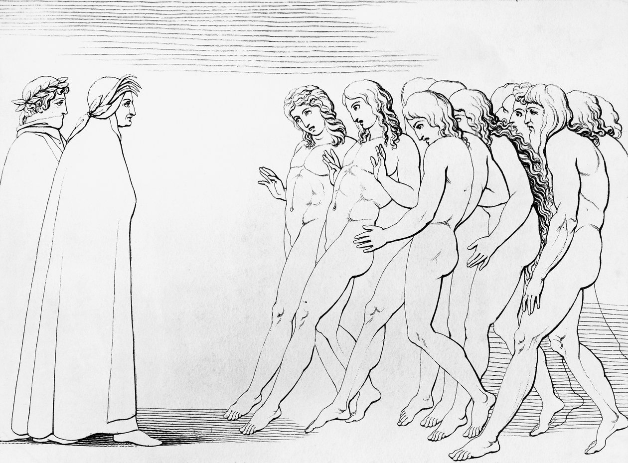 Sjæle forbløffer ved at se, at Dante er i live, illustration til 3. canto af skærsilden, Divine Comedy, allegorisk digt af Dante Alighieri (1265-1321) af Dante Alighieri