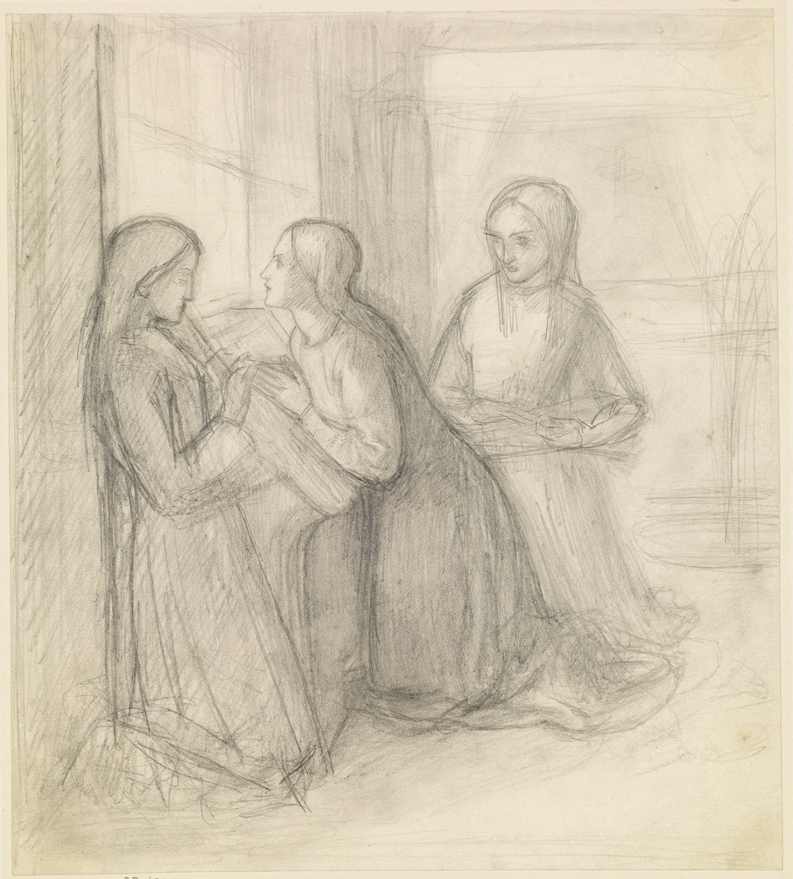 (Muligvis) Sankt Elizabeth af Ungarn knælende med sine ledsagere Isentrudis og Guta af Dante Gabriel Charles Rossetti