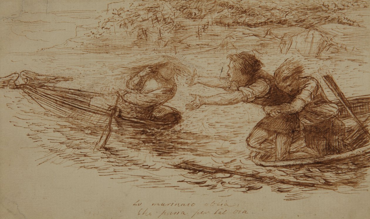 Bådsmænd og sirene, ca. 1853 (pen og blæk på papir) af Dante Gabriel Charles Rossetti