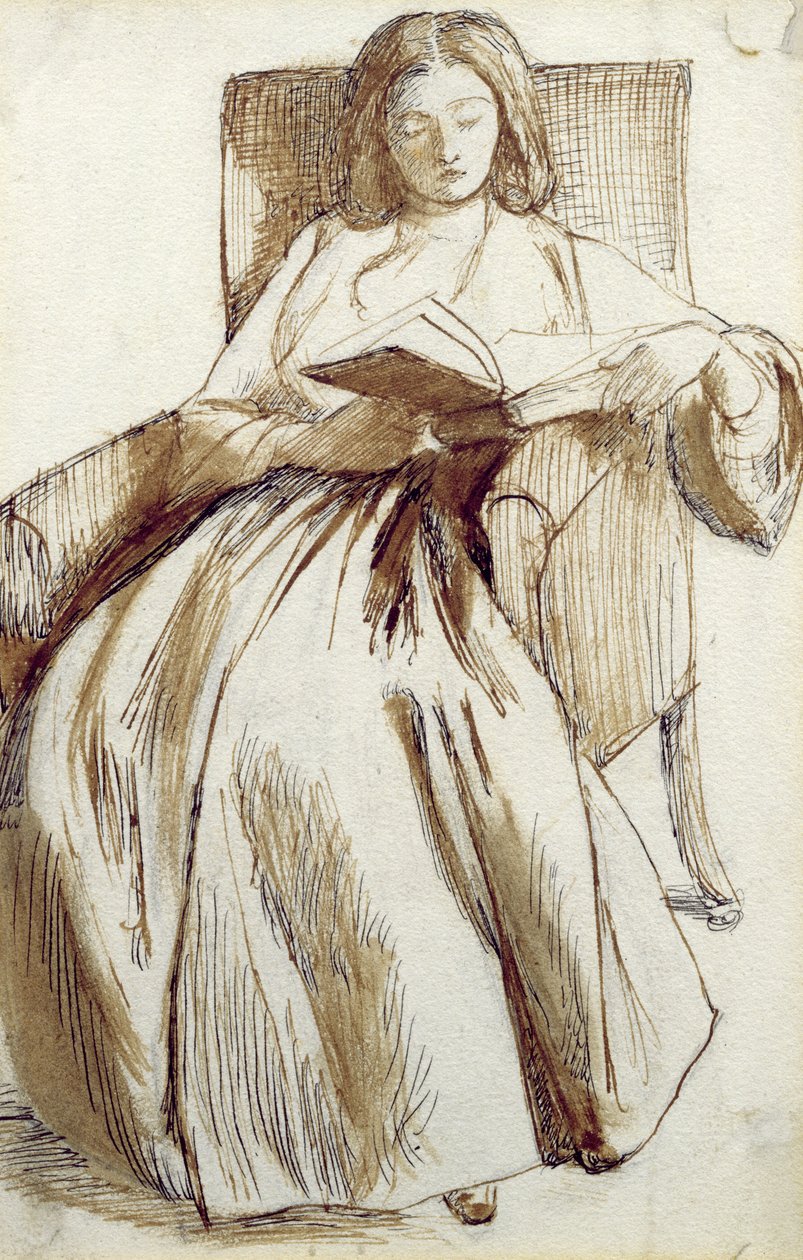 Elizabeth Siddal læser en bog (pen & blæk og vask) af Dante Gabriel Charles Rossetti