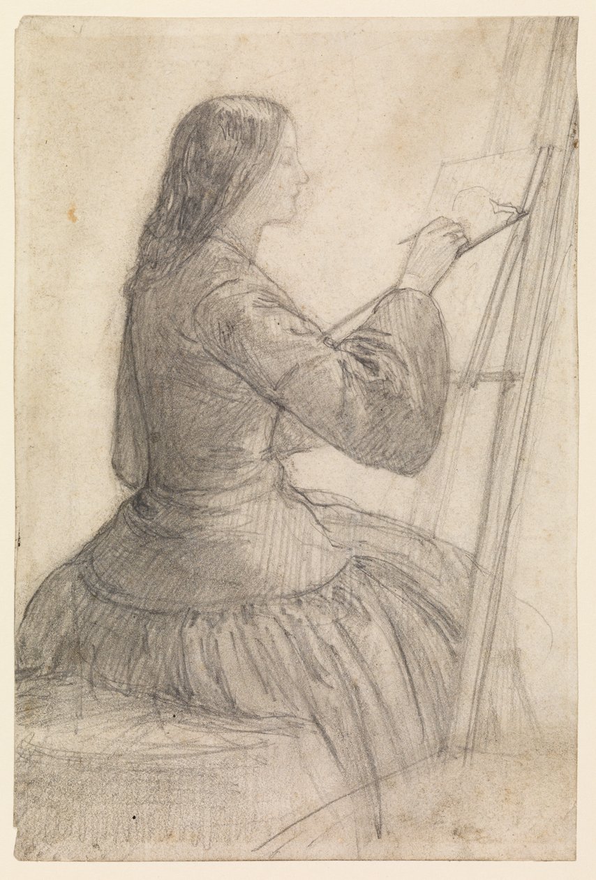 Elizabeth Siddal siddende ved et staffeli, maleri, 1854-55 ca af Dante Gabriel Charles Rossetti
