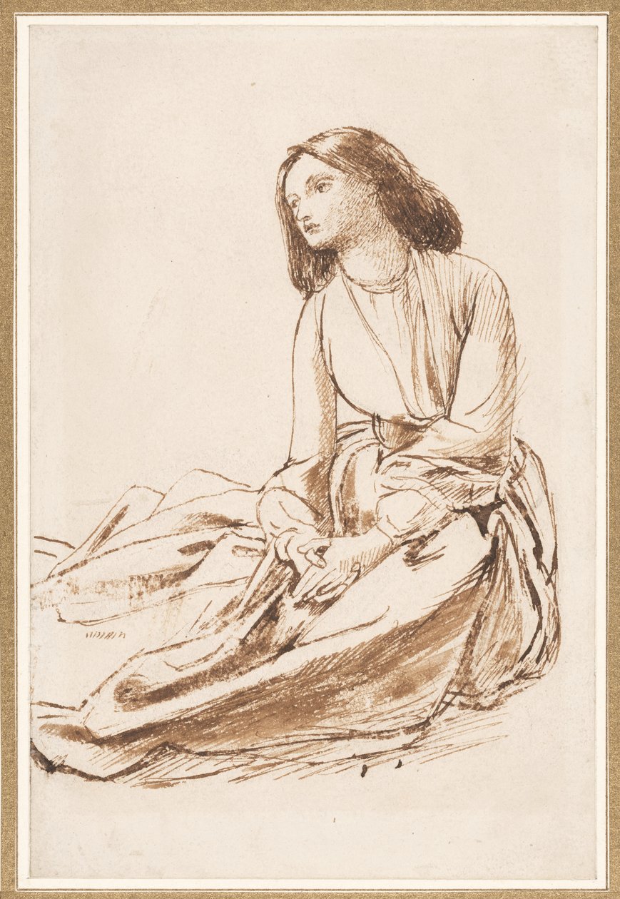 Elizabeth Siddal, siddende på jorden (pen, sepia og vask på papir) af Dante Gabriel Charles Rossetti