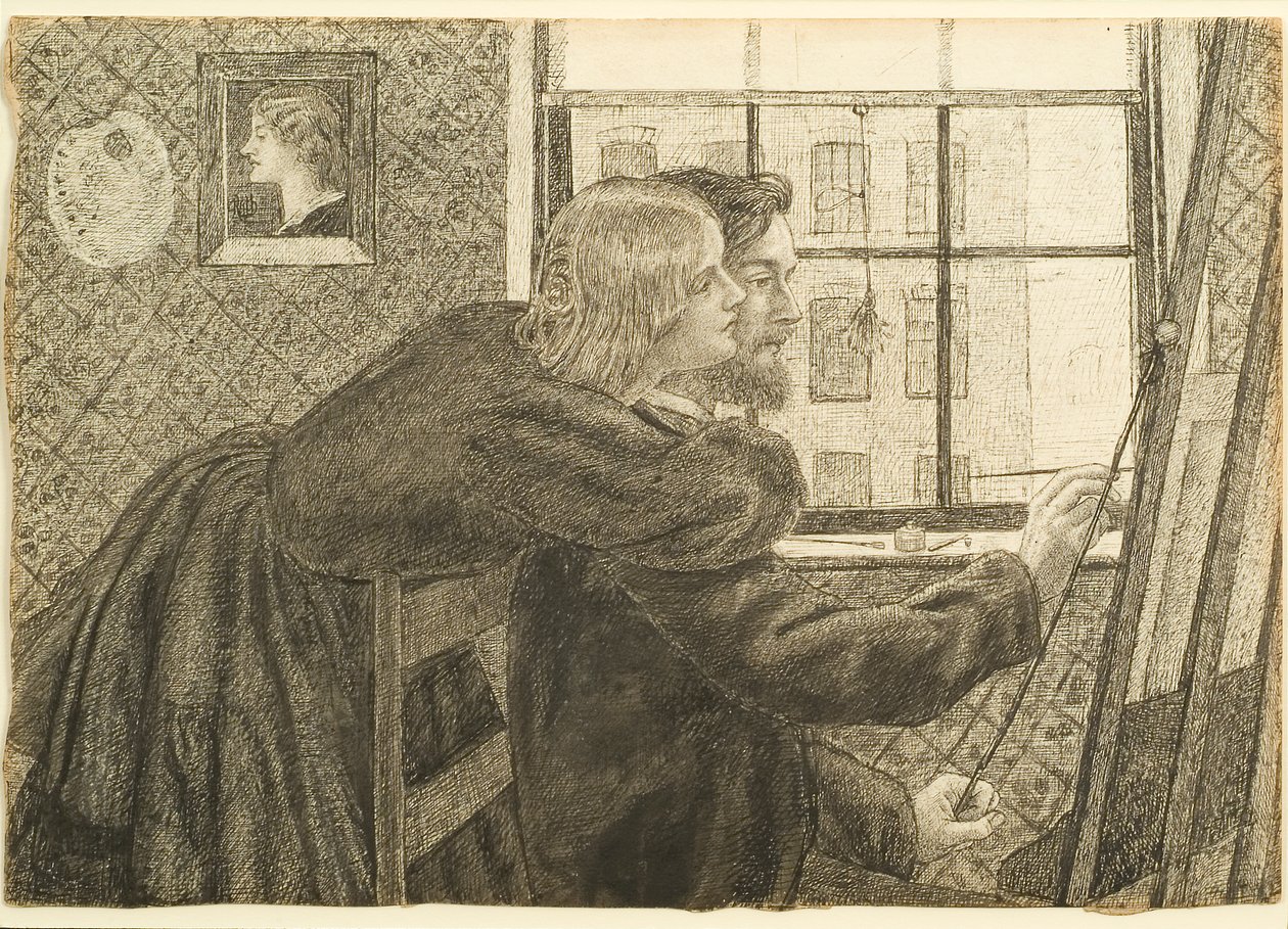 G P Boyce med Fanny Cornforth i Rossettis Studio, Chatham Place, ca. 1858 (blæk på papir) af Dante Gabriel Charles Rossetti