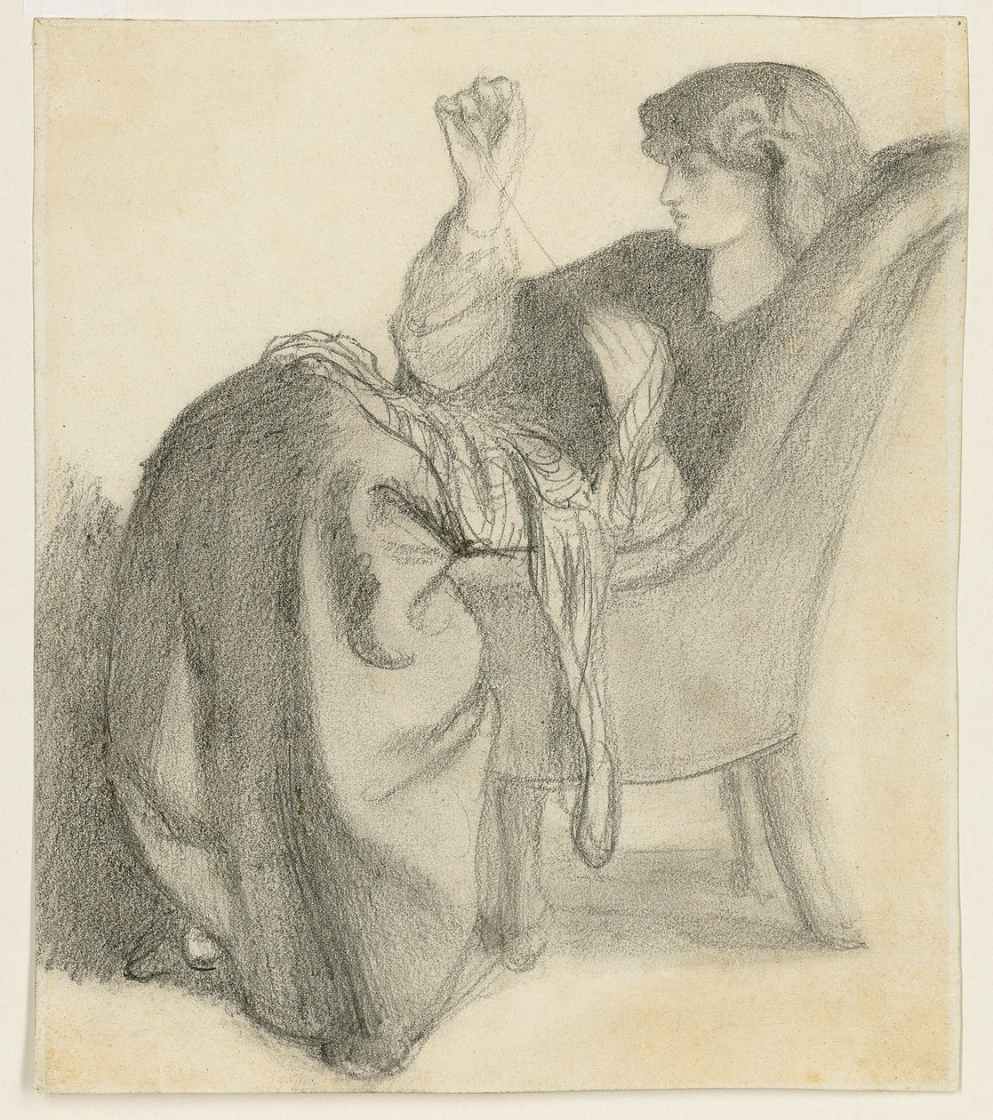 Lachesis: Studie af Jane Morris siddende i en stolsyning, 1860