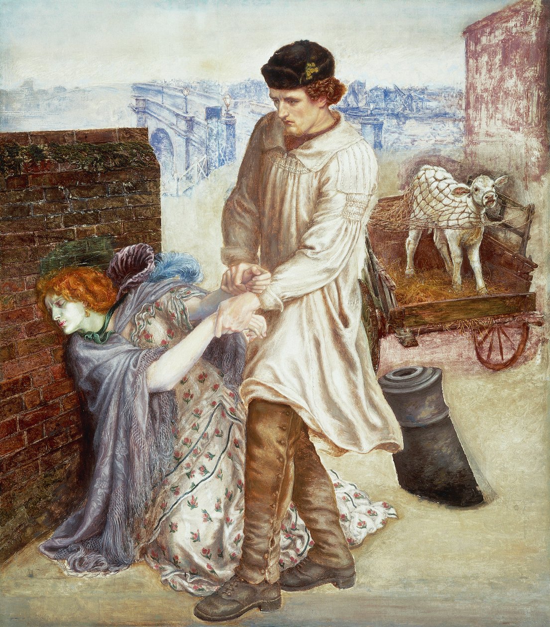 "Genopdaget" En landmand, der kom til byen for at sælge sin kalv, forsøger at opdrage en syg ung prostitueret med en kadaverisk teint 1865-1869 (maleri) af Dante Gabriel Charles Rossetti