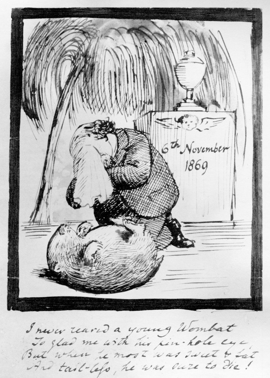 Rossetti beklager sin Wombats død, 1869 (pen og blæk på papir) af Dante Gabriel Charles Rossetti