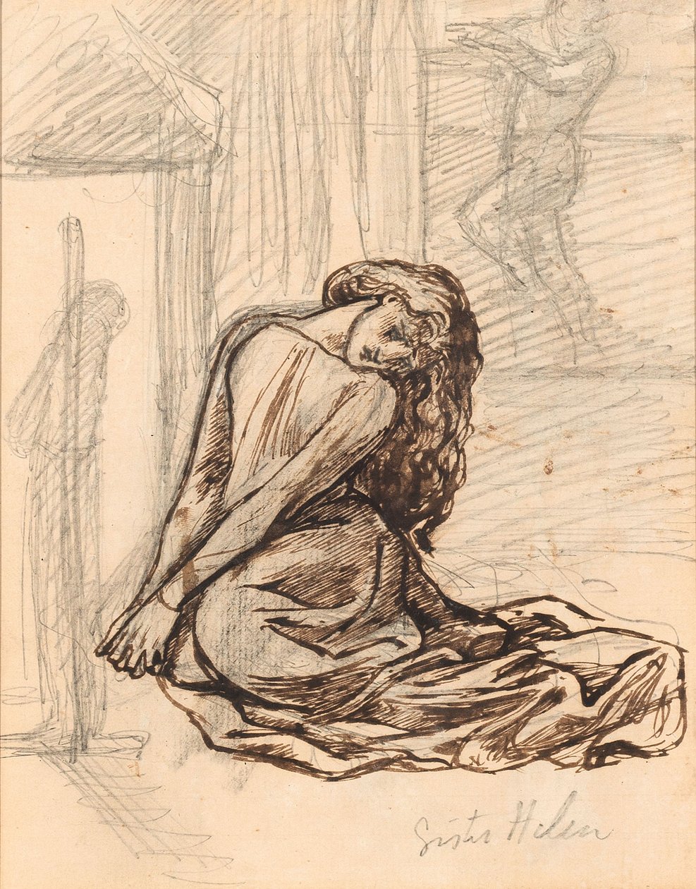 Søster Helen, ca. 1870 (grafit og brunt blæk på papir monteret om bord) af Dante Gabriel Charles Rossetti