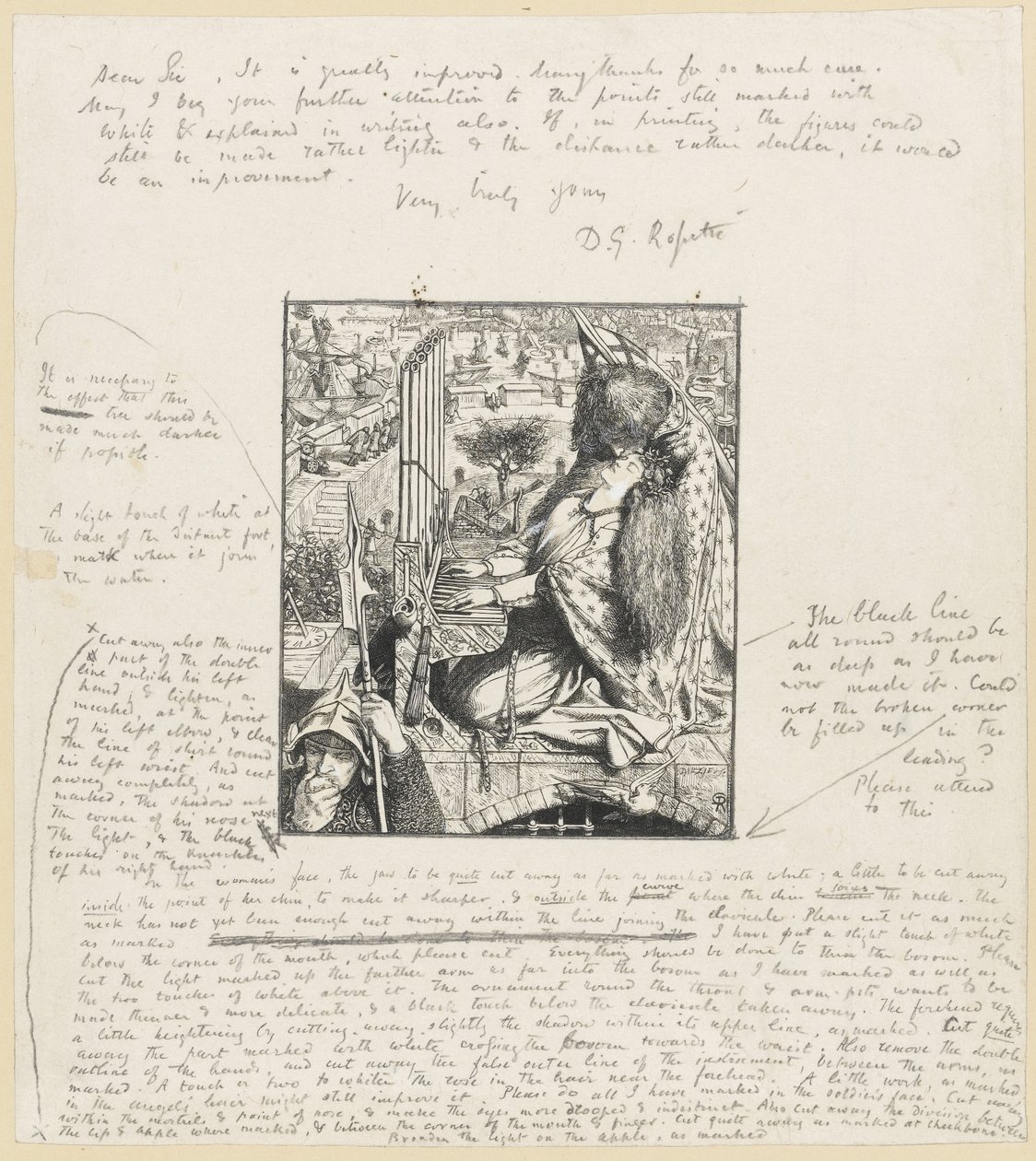 St Cecilia The Moxon Tennyson, ca. 1857 (trægravering & blyant på papir) af Dante Gabriel Charles Rossetti