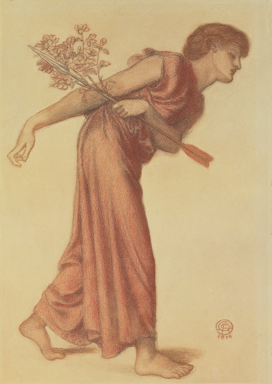 Studie til kærlighedsfiguren i Dantes drøm ved Beatrices død, 1874 (sort og rød farveblyant på grønt papir) af Dante Gabriel Charles Rossetti
