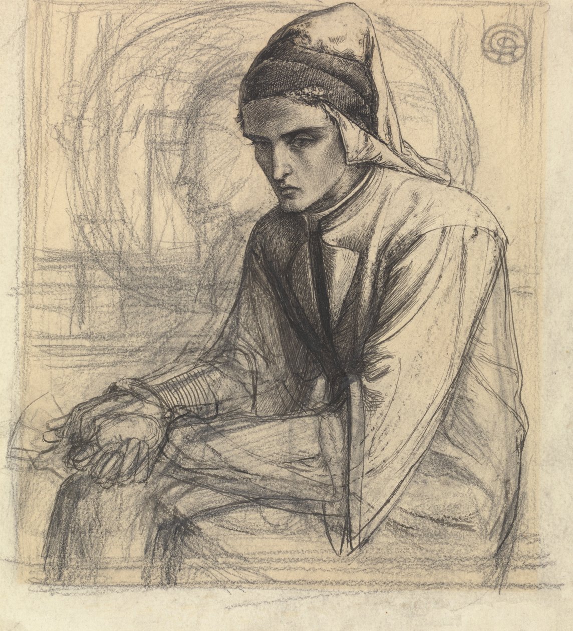 Dante i meditation holder et granatæble af Dante Gabriel Rossetti